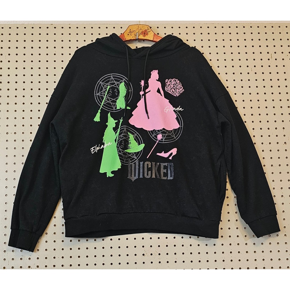 Wicked Musical Elphaba Glinda Hoodie Black Neon Graphic Sweatshirt XL